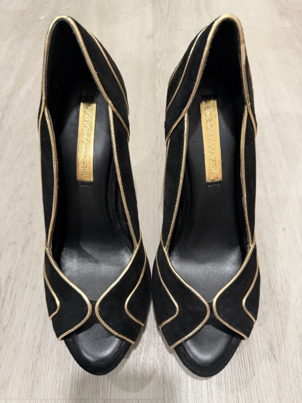 BCBGMaxAzria Black Suede Peep-Toe Pumps with Gold Trim